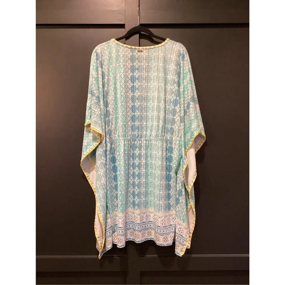 Cabana life blue geo patterned caftan beach cover up tunic dress  L/XL